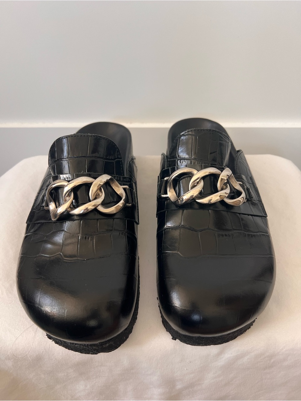 Black Croc-Embossed Mule with Chain Accent